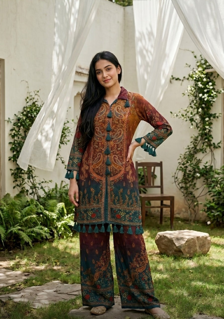 Pure crepe silk swaroski embellished co ord