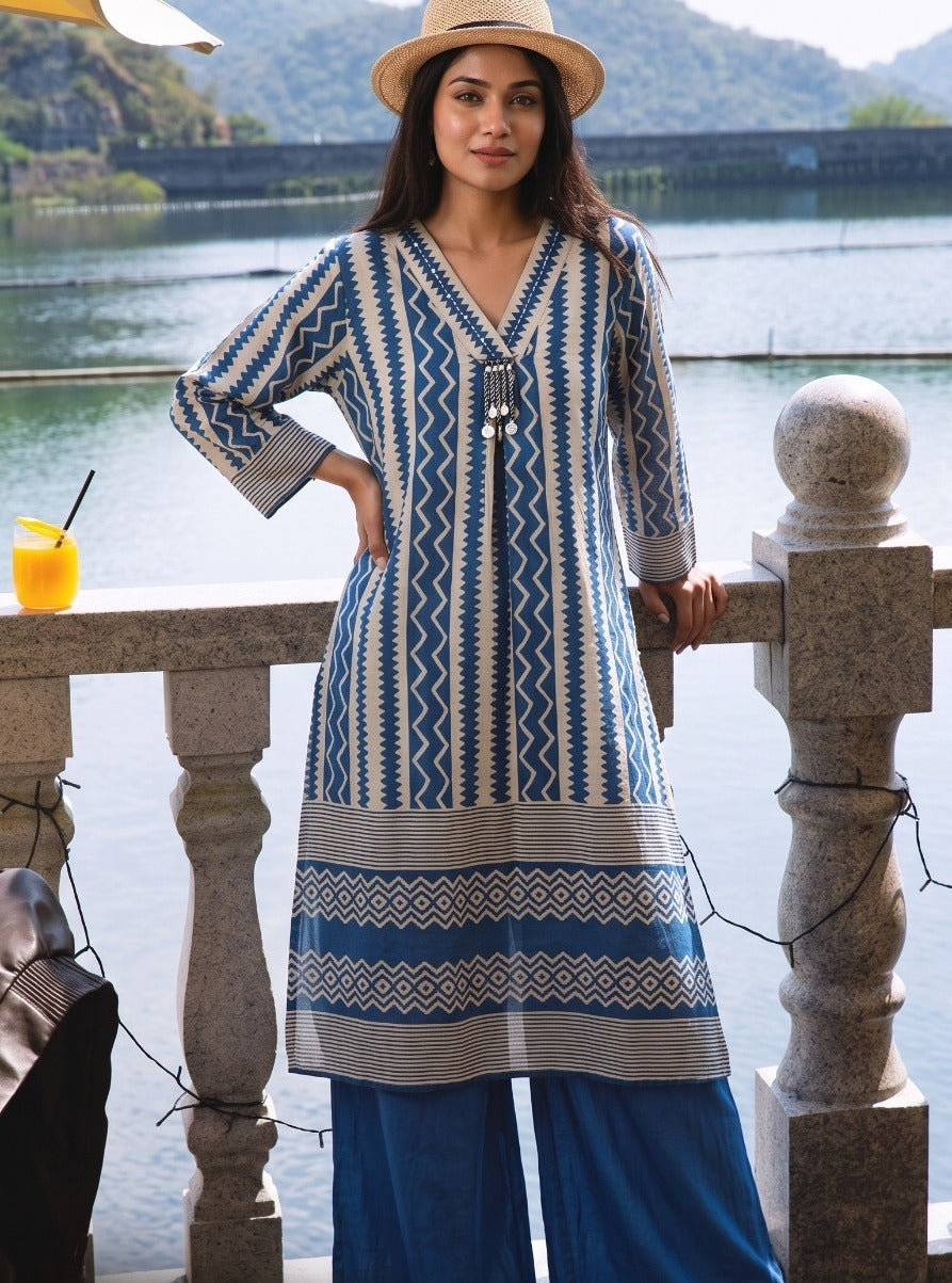Pure Mul silk designer co ord in blue