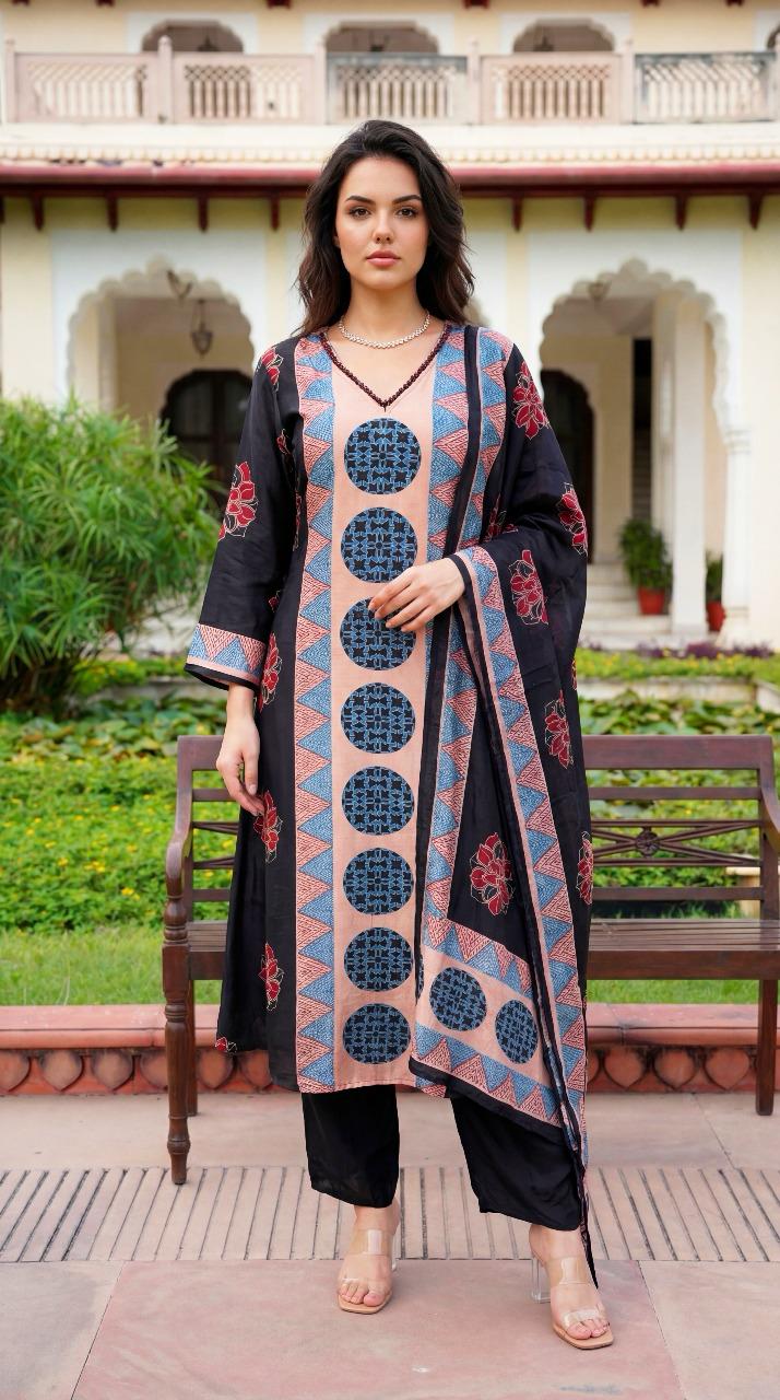 Premium mul silk ajrakh suit set