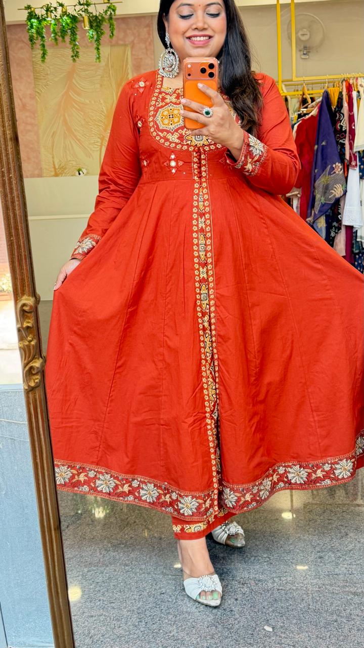 Pure cotton Anarkali suit set in orange