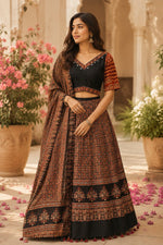 Super pretty ajrakh real mirror skirt / lehenga set in cotton in black