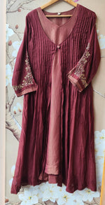 Premium Mul chanderi attached shrug in wine with pure hand work