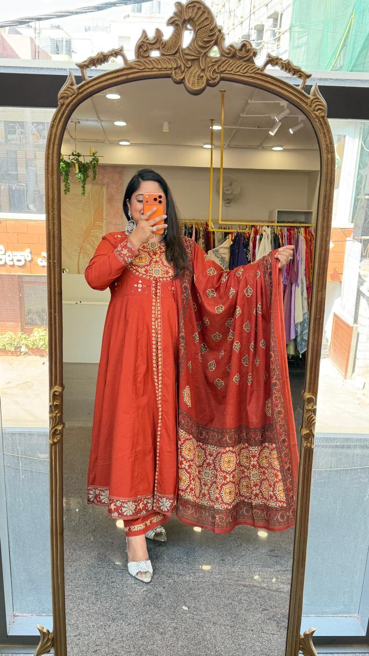 Pure cotton Anarkali suit set in orange