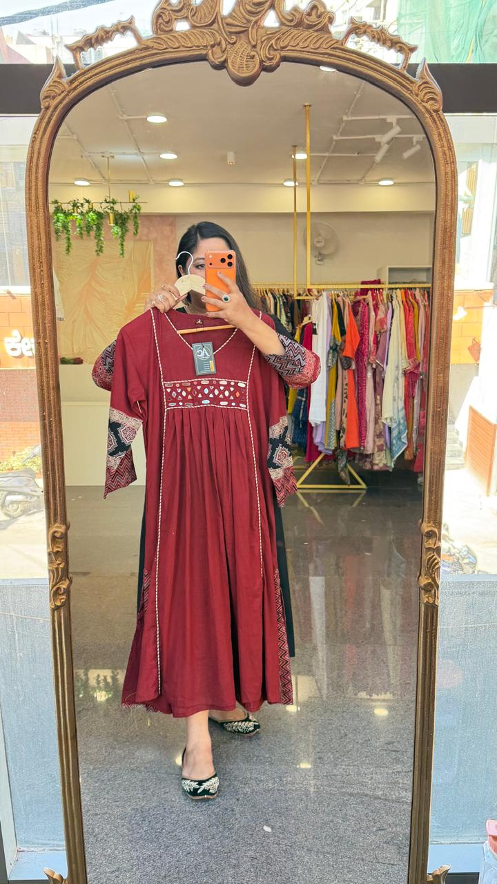 Pure cotton ajrakh real mirror cotton one piece/ kurti in red