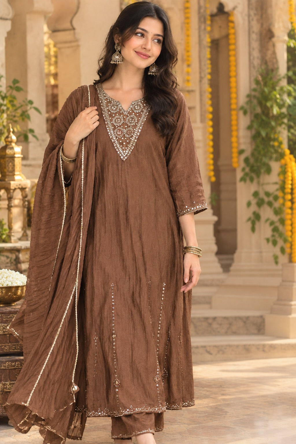 Pretty mulchanderi real mirror suit set in brown