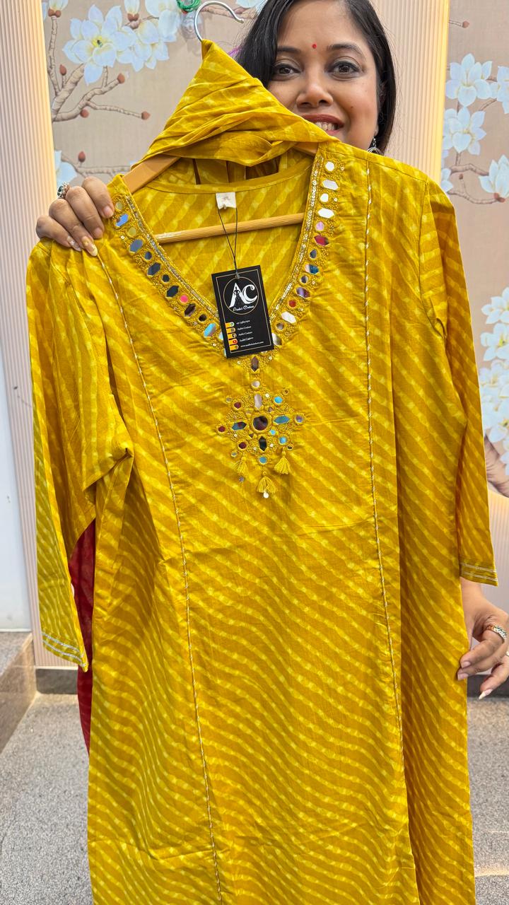 Pure cotton real mirror full suit set in yellow