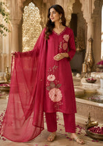 Mul cotton applique suit set in red