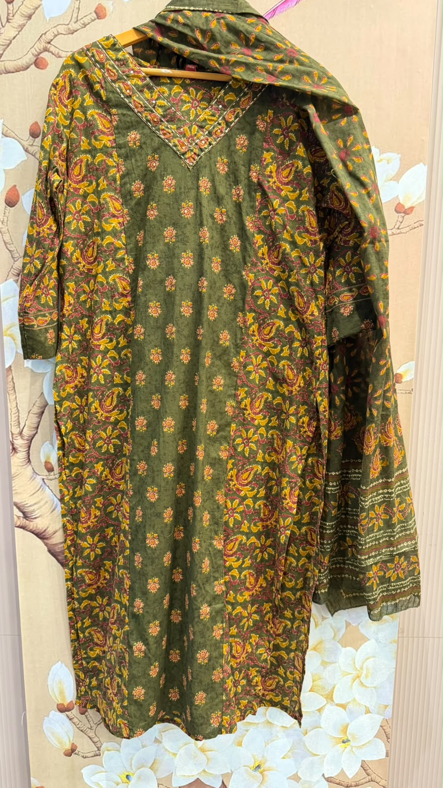 Pure cotton Kalamkari cotton suit set in green
