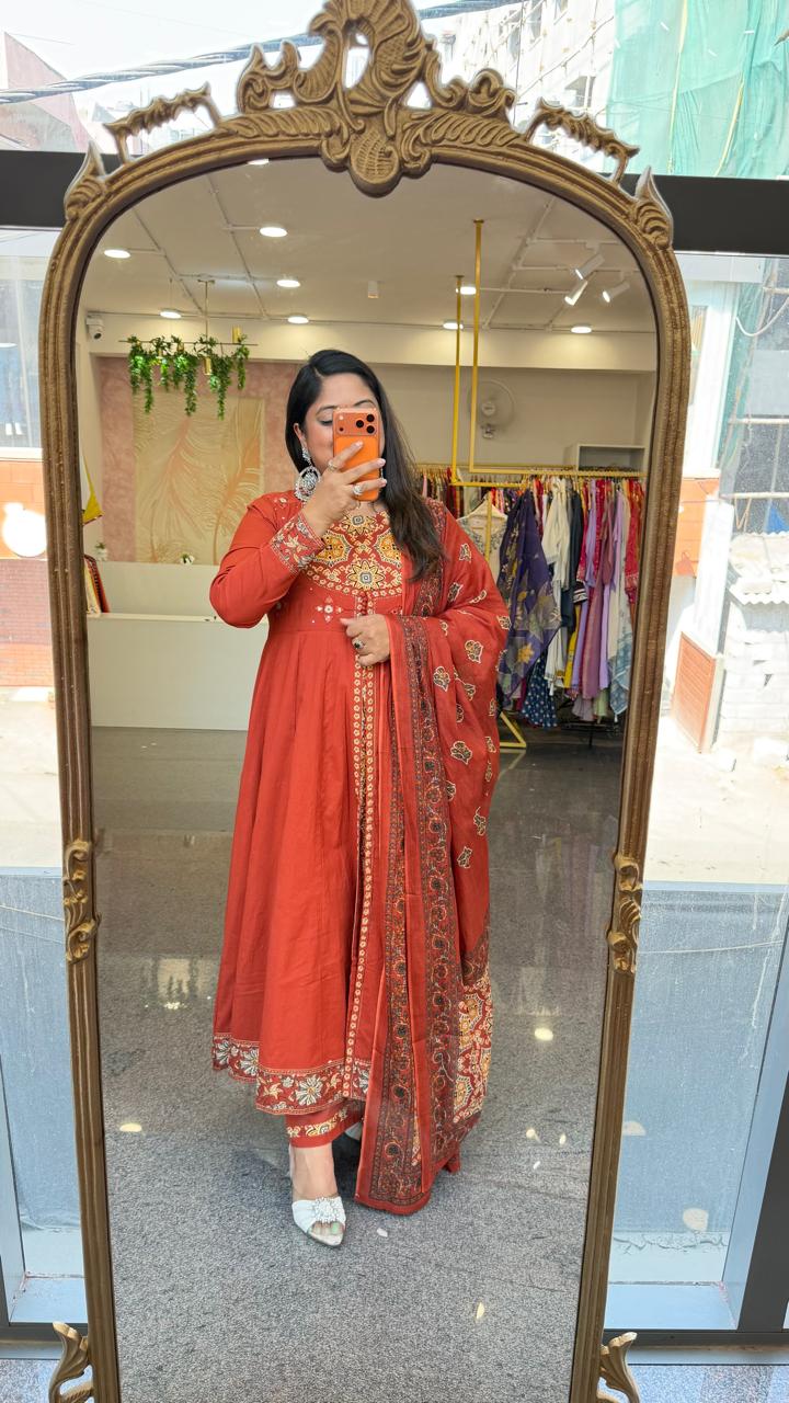Pure cotton Anarkali suit set in orange