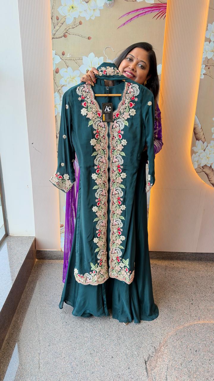Premium chinon with zardosi handwork in full suit
