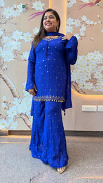 Premium chinon heavy handwork sequins and mirror work full suit in royal blue