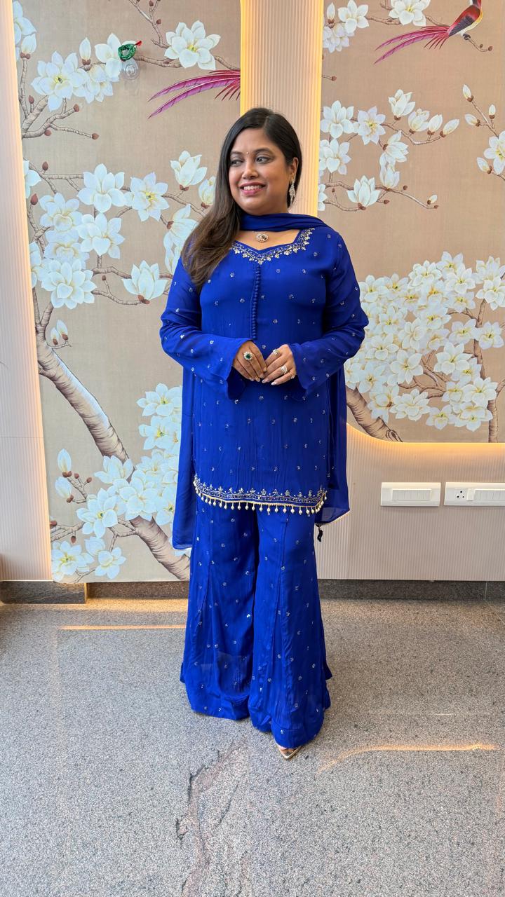 Premium chinon heavy handwork sequins and mirror work full suit in royal blue