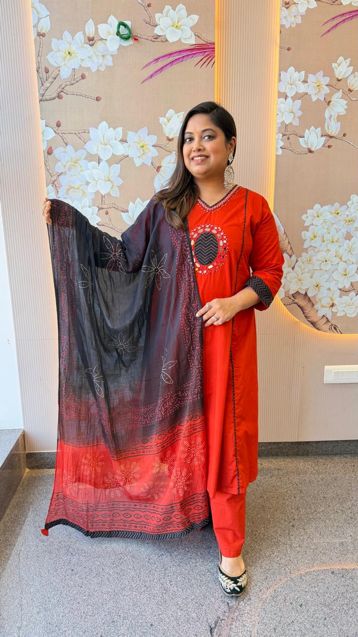 Real mirror orange n black cotton full suit set