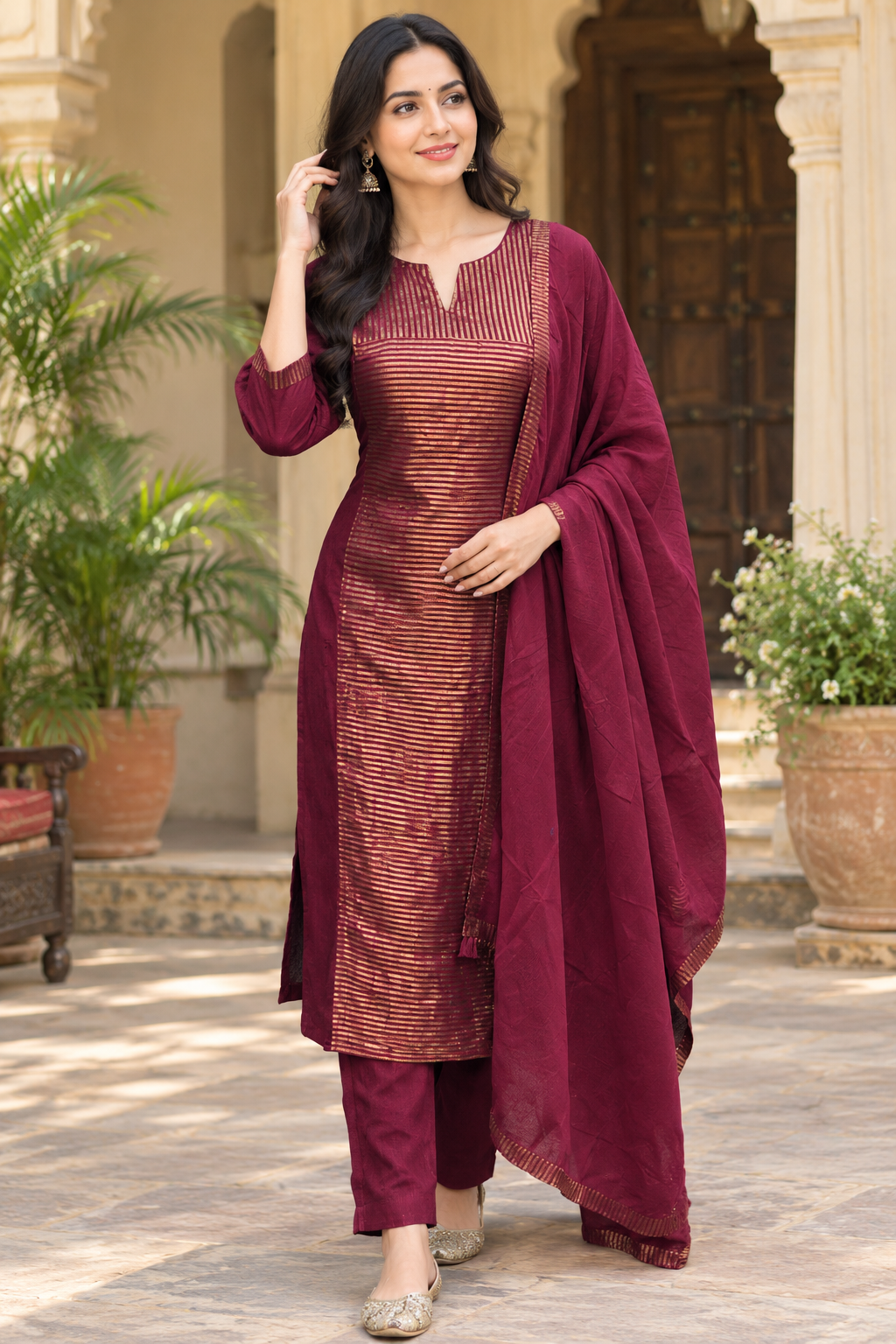 Pretty Mul chanderi maroon tissue suit set