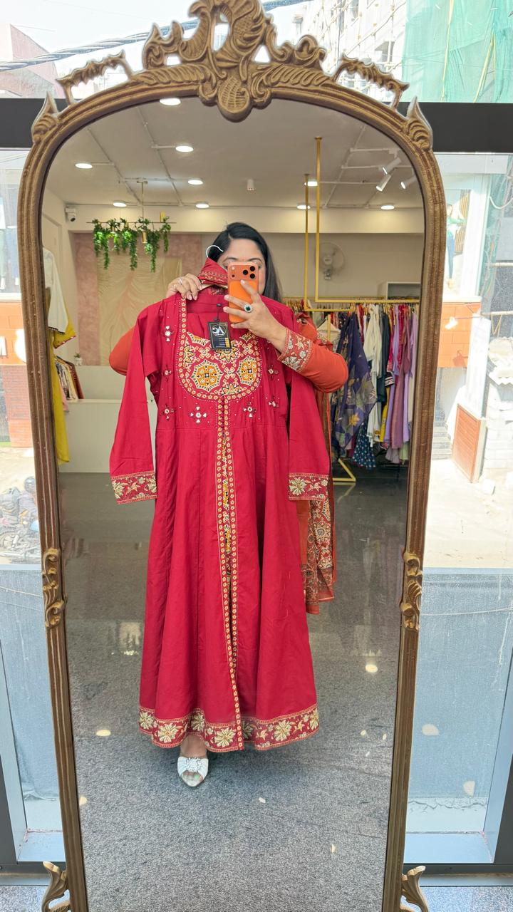 Pure cotton Anarkali suit set in red