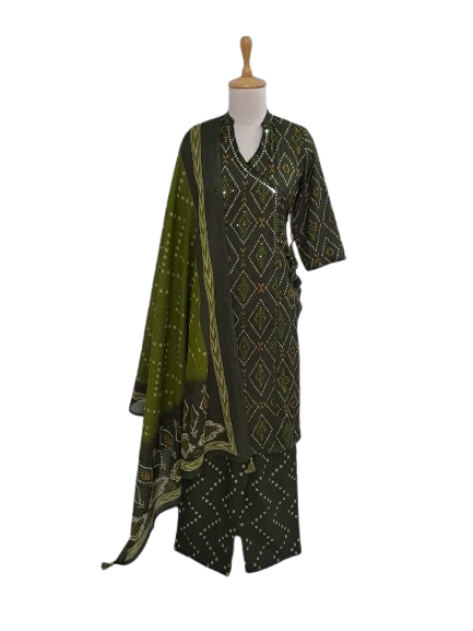 Cotton angrakha bandhani full suit set in green
