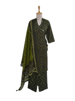 Cotton angrakha bandhani full suit set in green