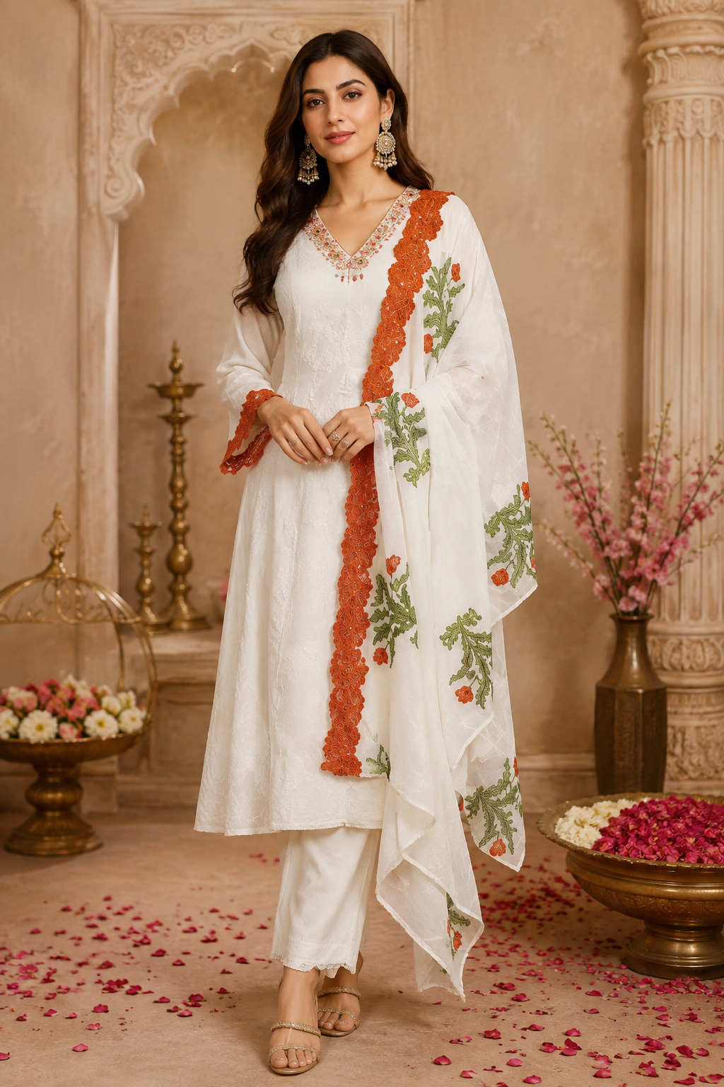Pure Mul cotton applique work border suit set in orange