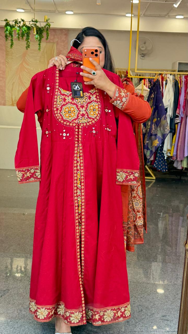 Pure cotton Anarkali suit set in red