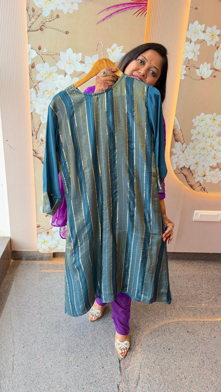Ghungroo suit in teal blue with tissue detailing at the back