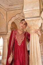Pure crepe designer with intricate zari detailing suit set in red