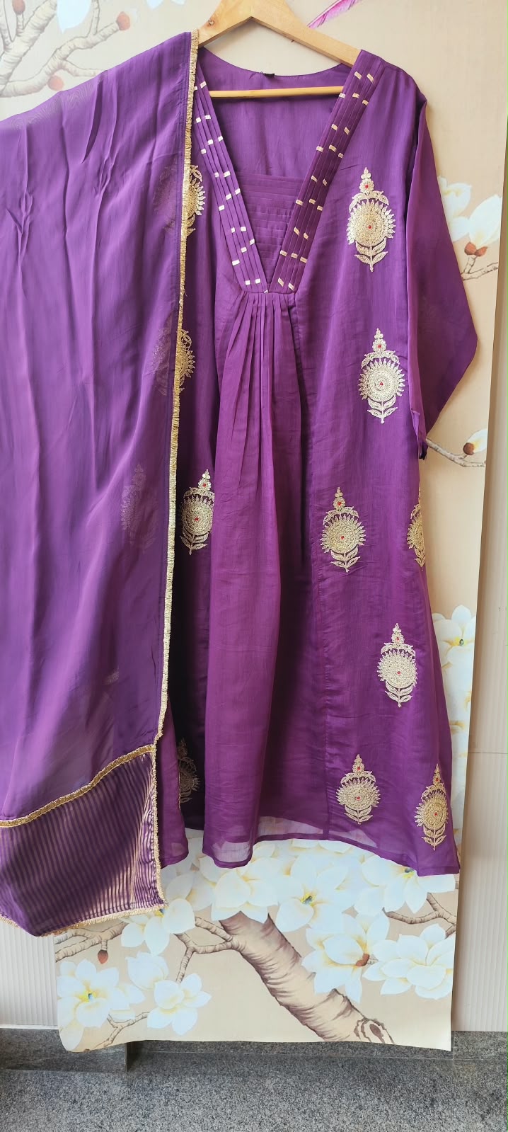 Premium hand zari detailing pure Mul chanderi suit set
