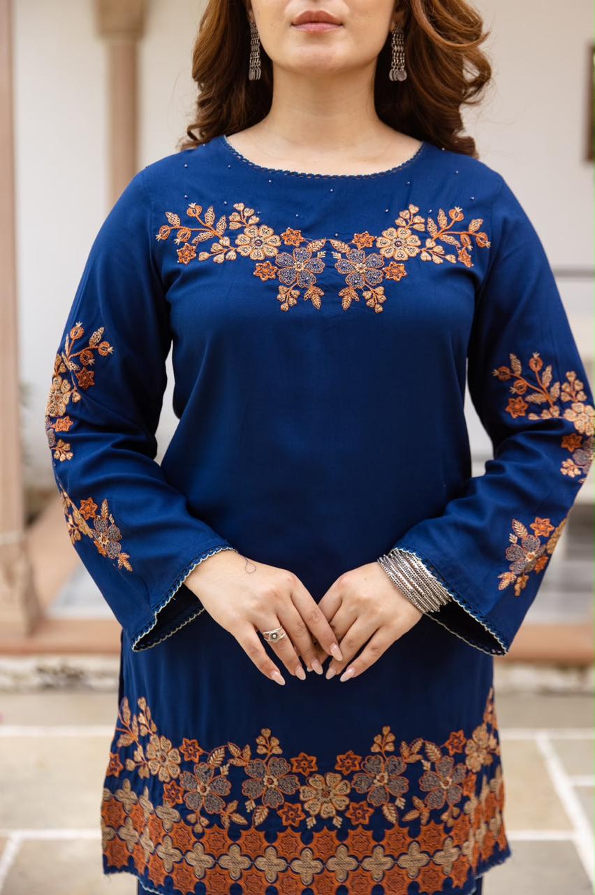 Pretty slub cotton embroidered plazzo set in royal blue