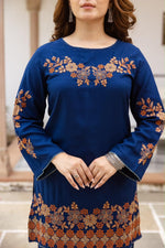Pretty slub cotton embroidered plazzo set in royal blue