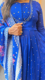 Premium chinon full sequins detailing Anarkali suit set paired with weaved banarsai dupatta in royal blue