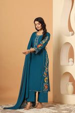 Pure cotton appliqué and zari embroidery suit set in blue