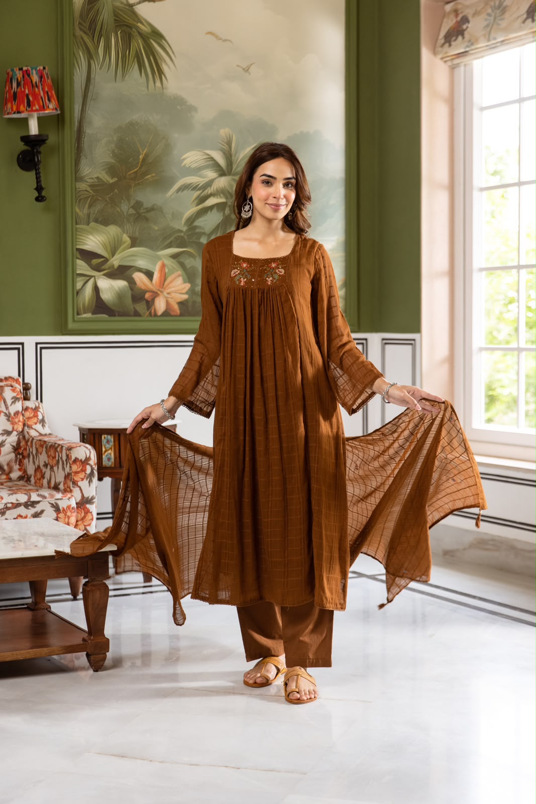 Pure Mul cotton Cheks suit set in brown