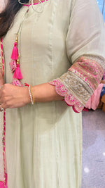 Pista green Mul chanderi lining Anarkali suit set