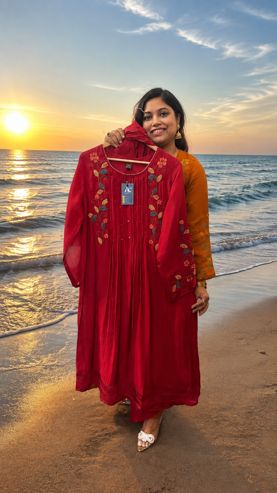 Pretty Mul Chanderi embroidered Anarkali suit set in red