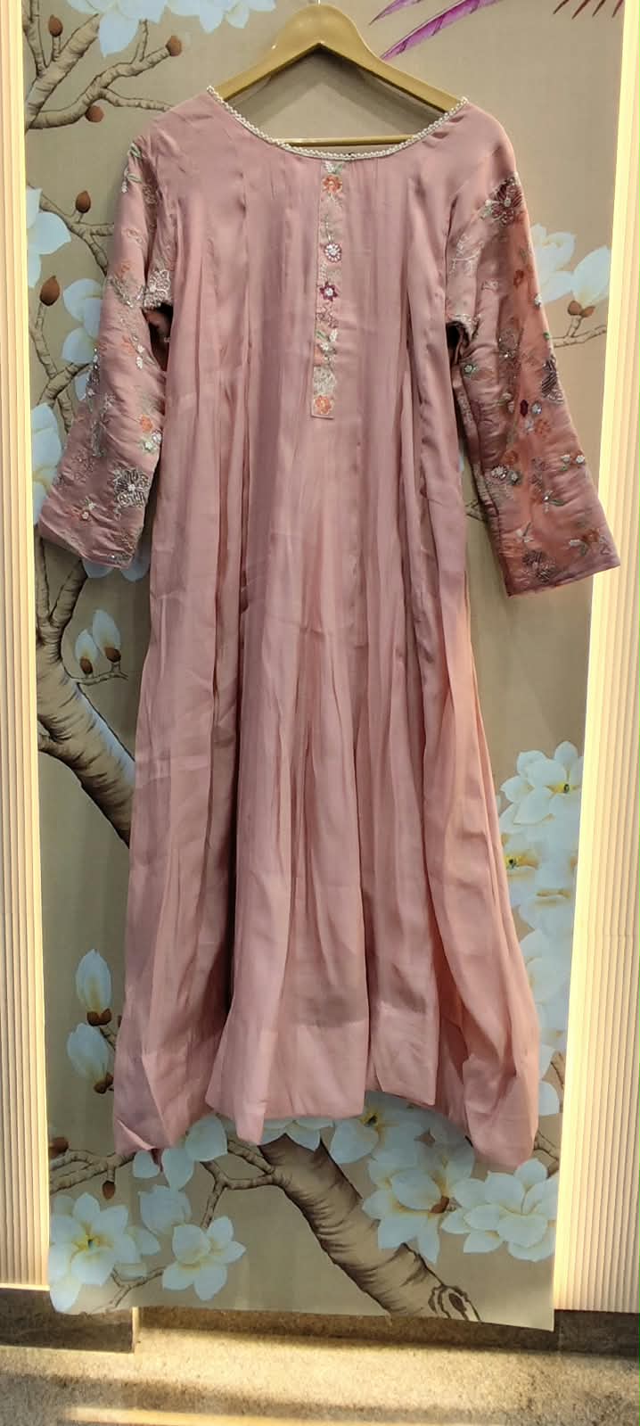 Pretty blue chanderi handwork Anarkali suit set in pink