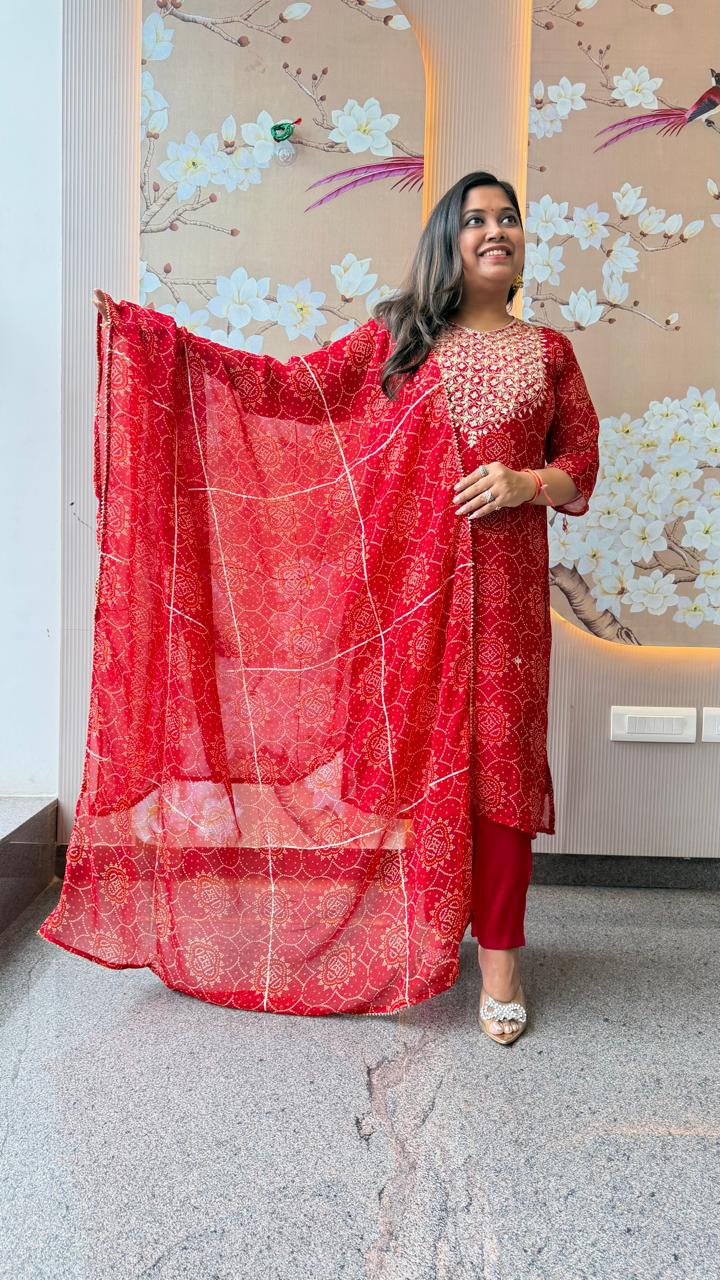 Pretty georgette bandhani with gotta detailing in red