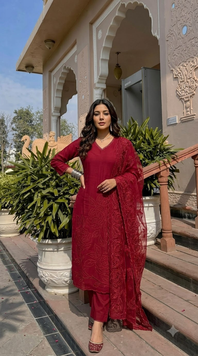Cutwork Mul chanderi lining suit set (slim fit ) in red