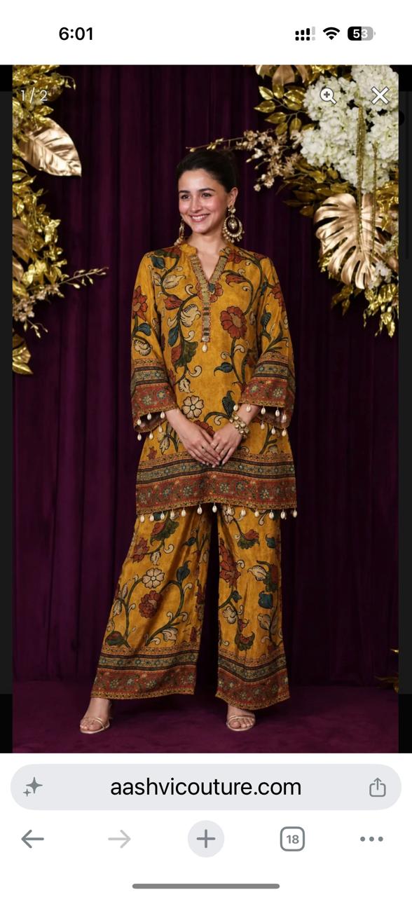 Pure crepe Kalamkari co ord set in Mustard Yellow