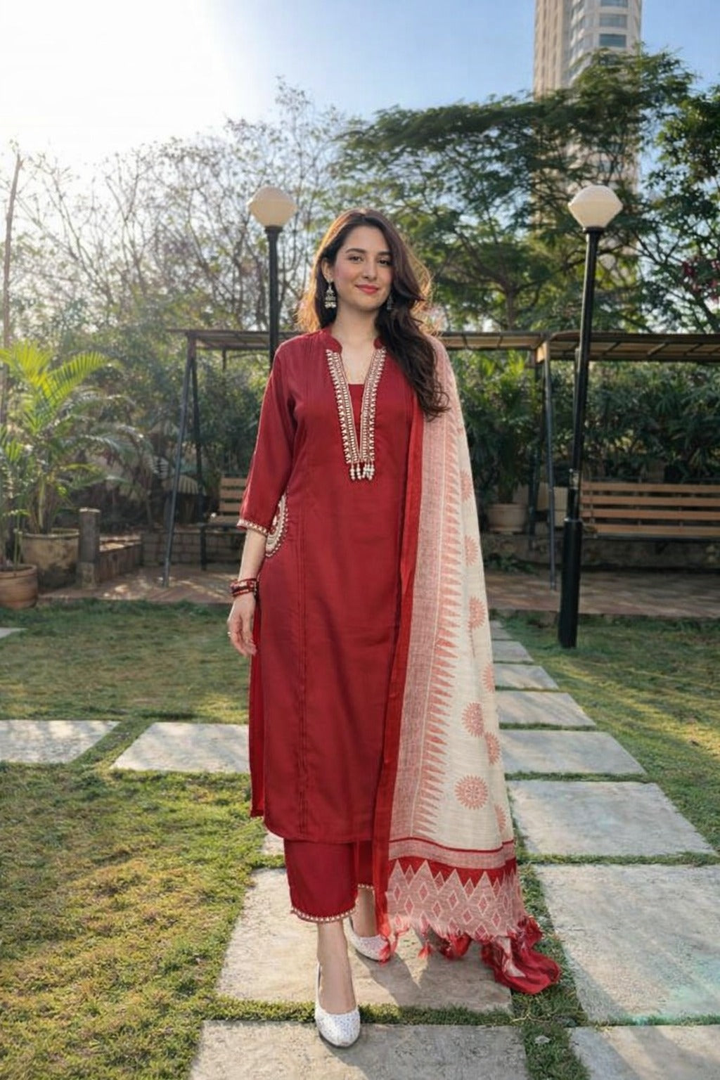 Live rayon cotton suit set in red