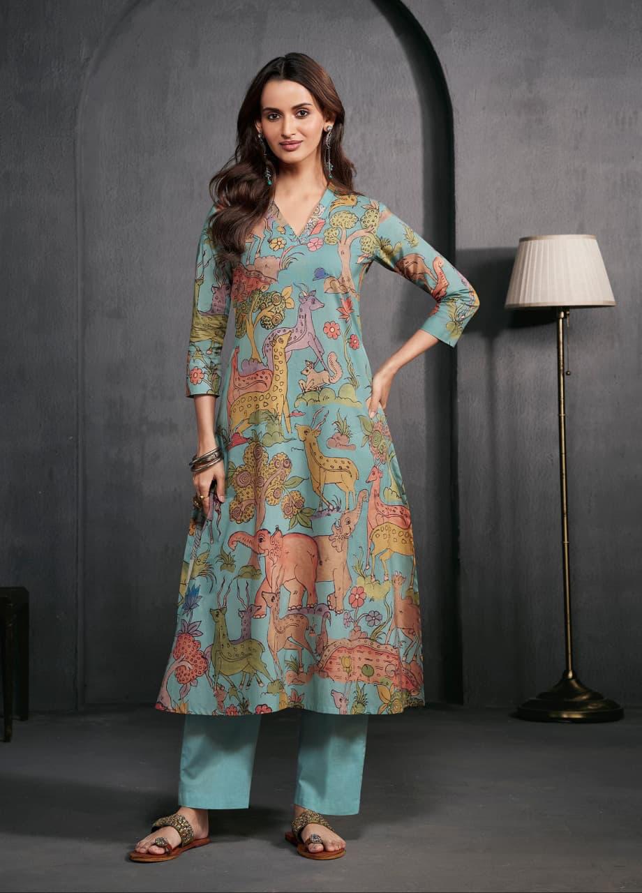 Linen Cotton Kurta Pant in Light Blue