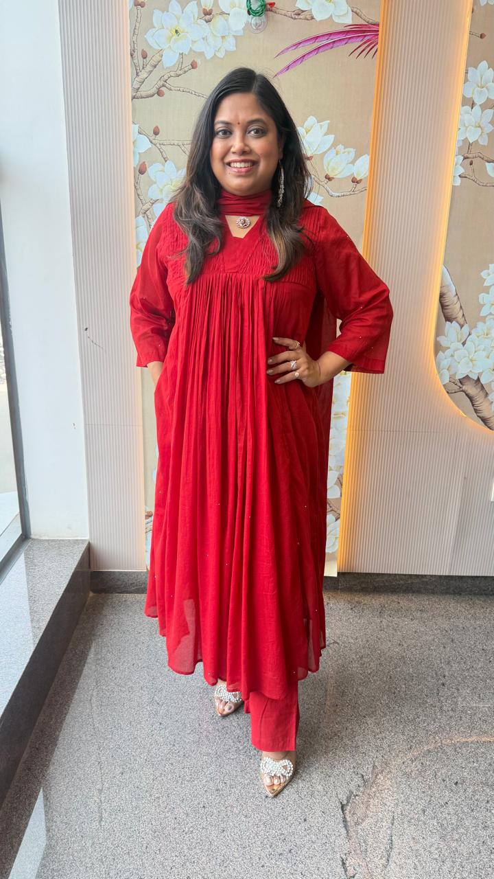 Restocked !! Pure Mul cotton with lining and pocket suit set in red
