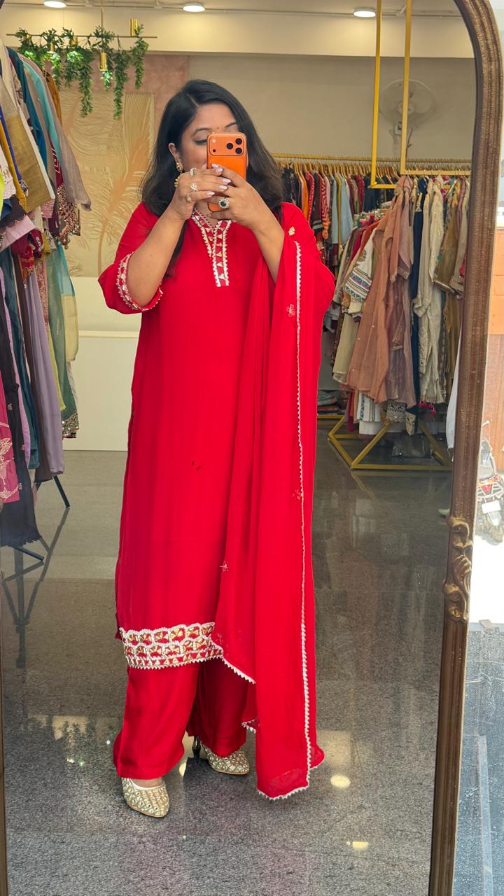 Premium georgette gotta detailing perfect red karwa suit set