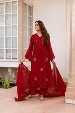 Mul Chanderi embroidered full Suit set in red