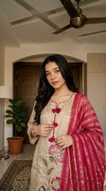 Shimmer tissue handwork appliqué suit set in beige n red