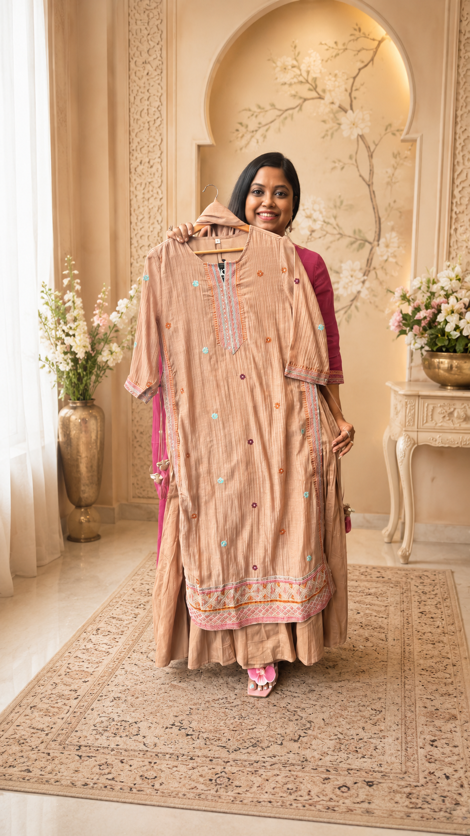 Pure Banarasi handcrafted mulchanderi layered gown with dupatta in brown