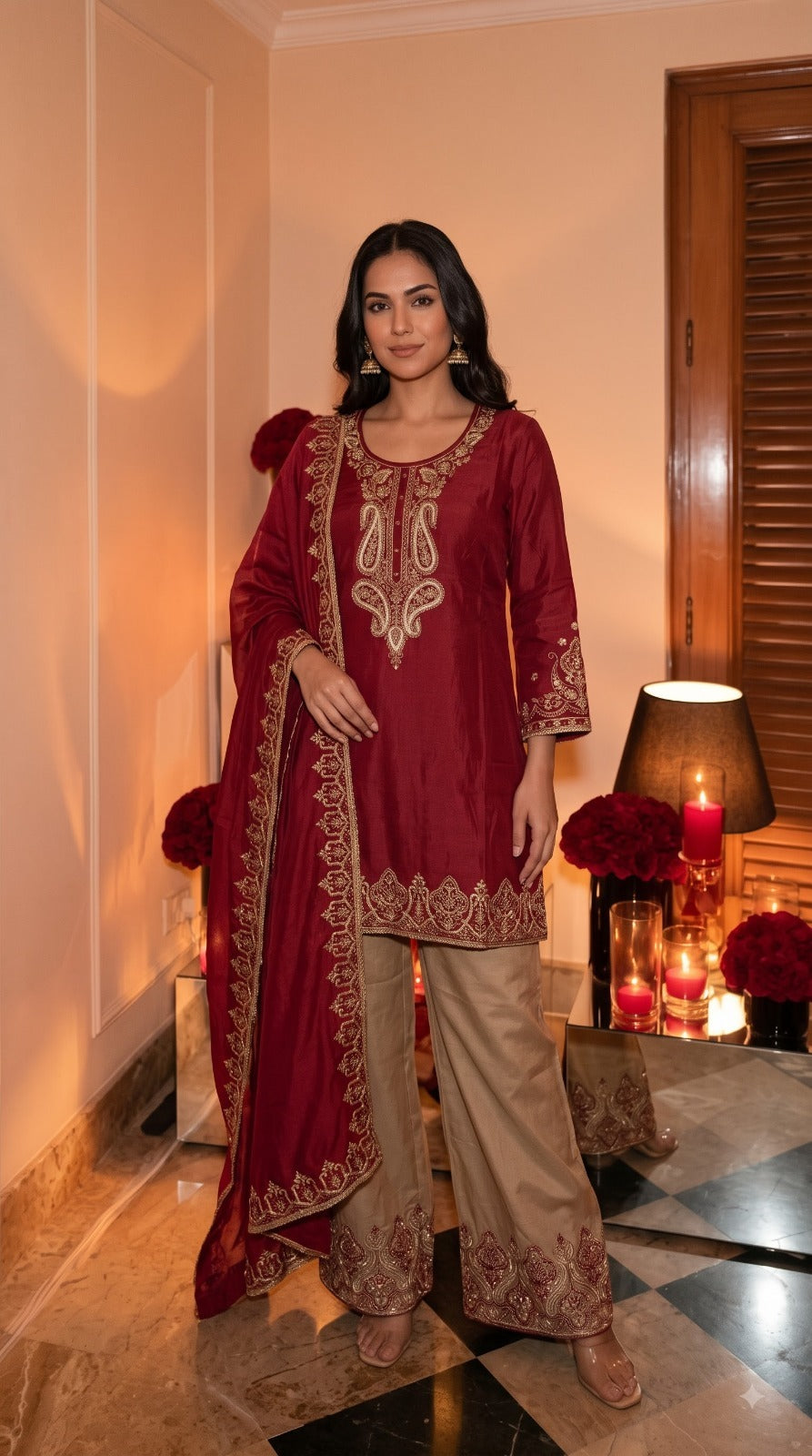 Wow pretty silk with intricate zari detailing suit set in beige n red