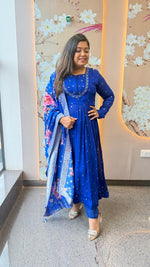 Premium chinon full sequins detailing Anarkali suit set paired with weaved banarsai dupatta in royal blue