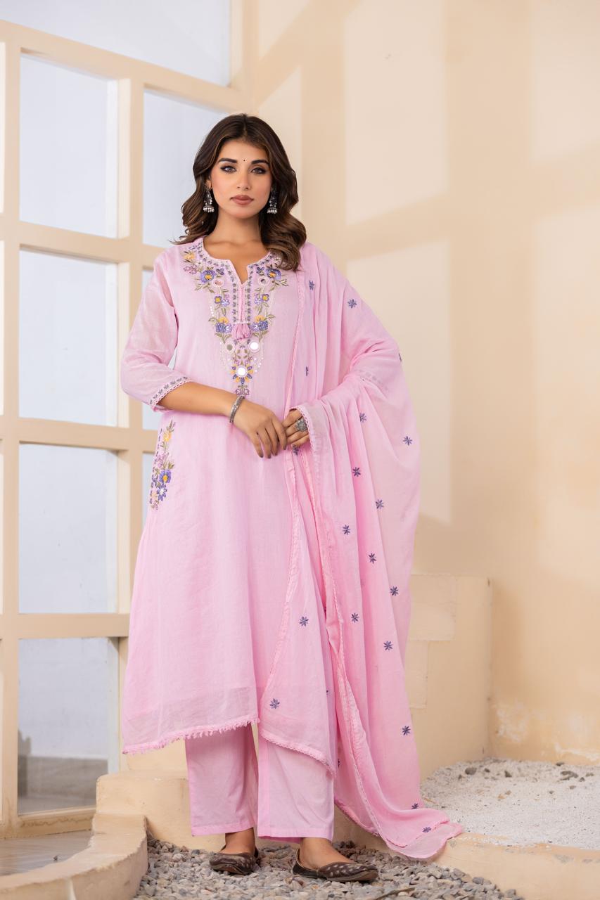 Mul cotton designer neck and pockets with lining full suit in pink