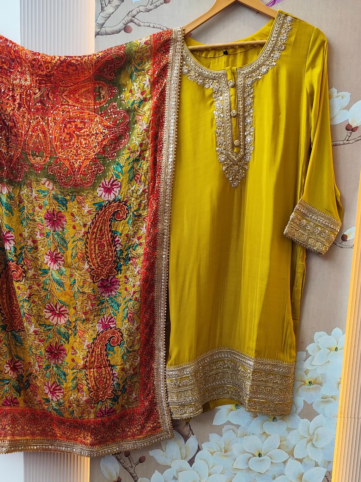 Premium chinon digital printed heavy sharara lace detailing full suit set in yellow