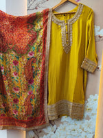 Premium chinon digital printed heavy sharara lace detailing full suit set in yellow