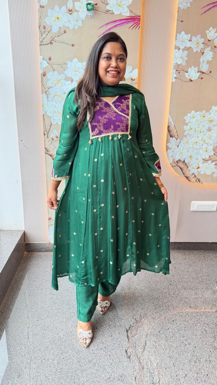 Premium crepe silk zari detailing and brocade highlight suit set in green n purple
